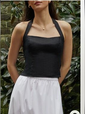 NWT Kourt Dixie Linen Black Halterneck Smocked Back Few Moda Top 6